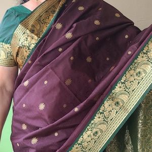 Brown Color Saree with Green Blouse.